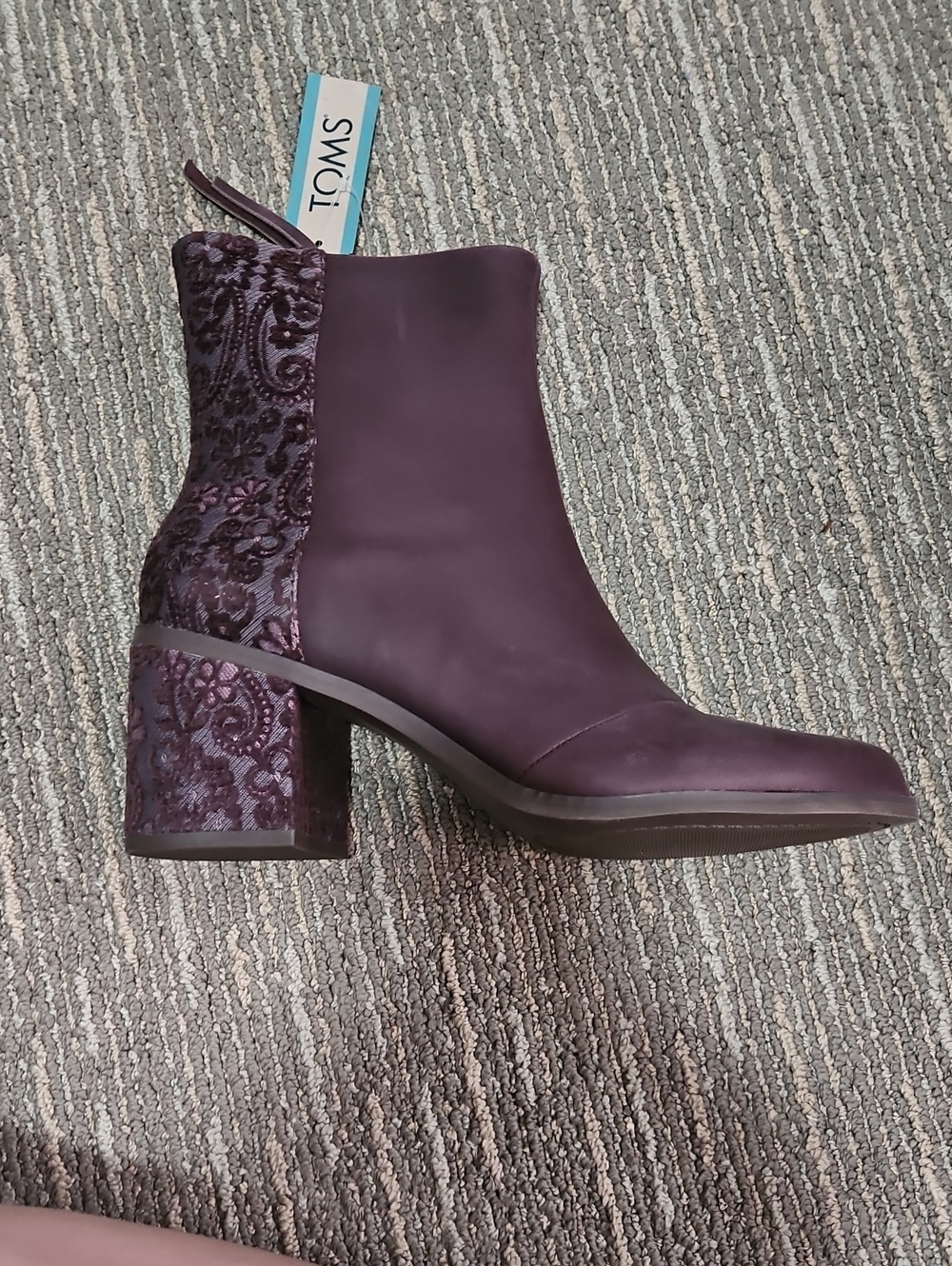 TOMS Purple Block Heel Ankle Boots with Paisley Velvet Accent